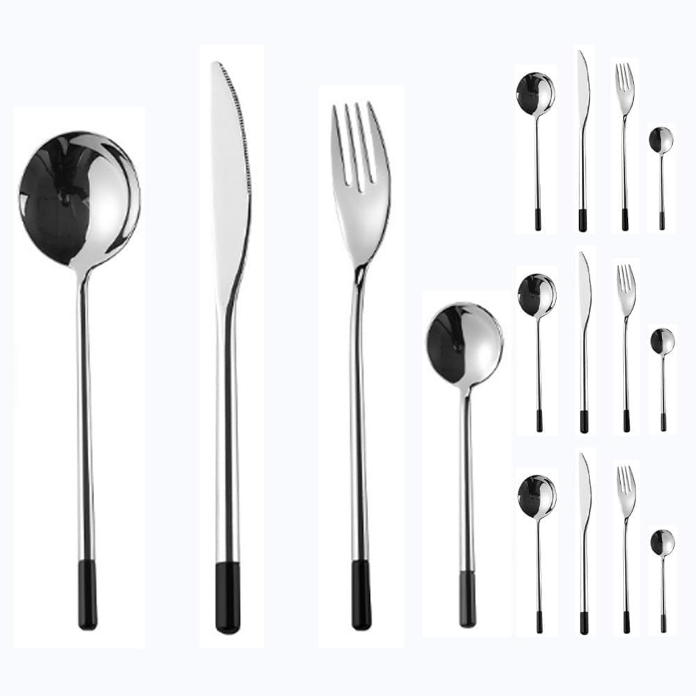Maniglia Creativa Cucina Acciaio Inossidabile Posate Stoviglie Posate Coltelli Forchette Cucchiai Set, Cucchiaio Da Hotel Dessert Cucchiaio Da Caffè (Nero,16 pezzi)