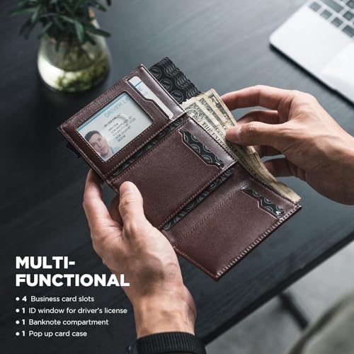 Image of VULKIT Credit Card Holder with Banknote Compartment RFID Blocking Pop up Leather Card Wallet with ID Window, Top-Grain Cowhide Epresso, Minimalist