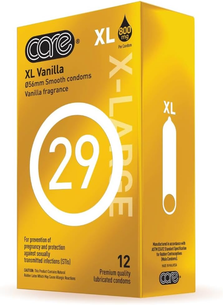 CARE 29 XL Condoms – Extra Large Size (56mm), Natural Rubber Latex, Vanilla Scented, 800mg Lubricant, Premium Metallic Box, Individually Wrapped