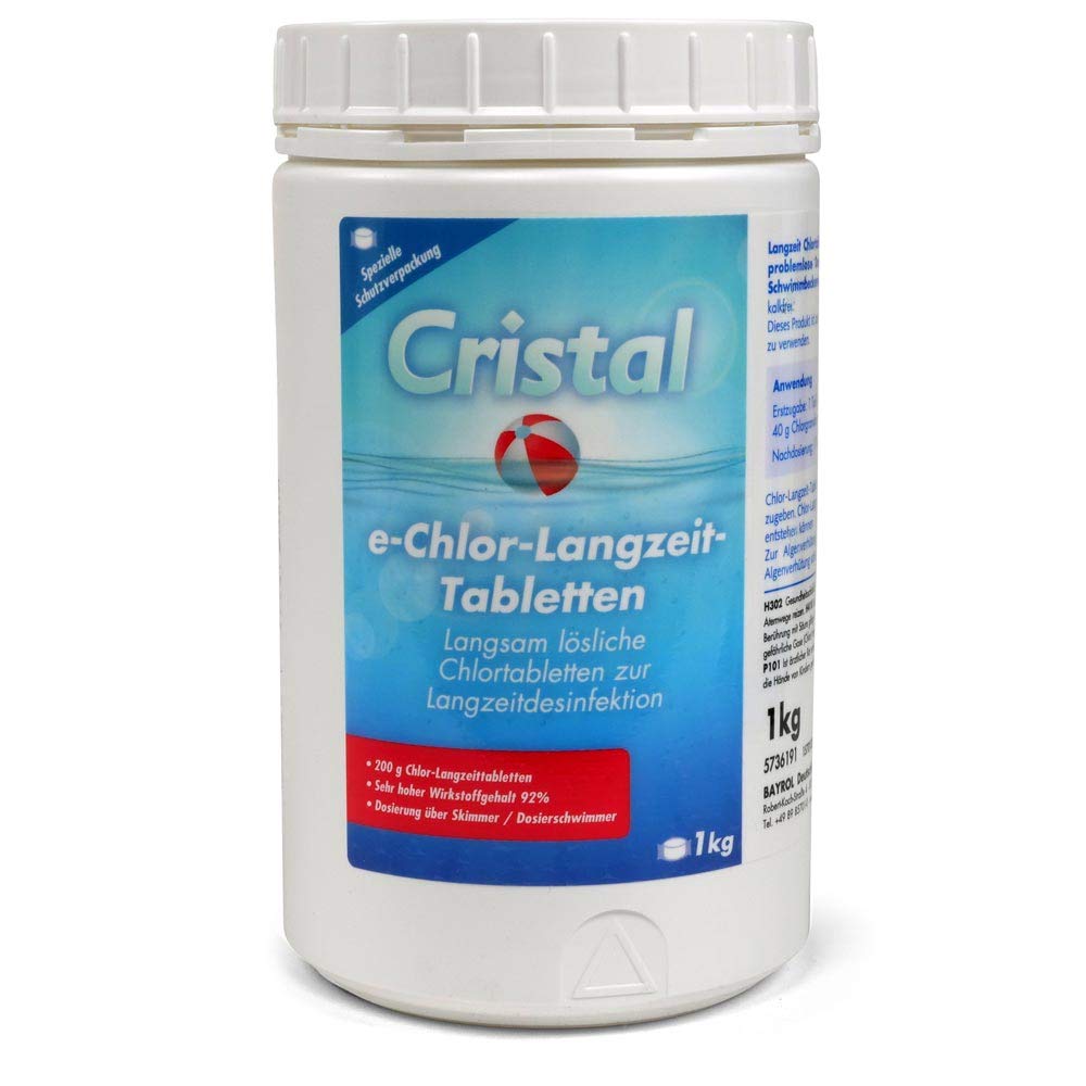 Cristal Chlor Langzeit-Tabletten 200g - 1 kg Eimer - Langzeitdesinfektion für Pools - Stabilisiertes Chlor - Effektive Wasserpflege für Pools ab 20m³