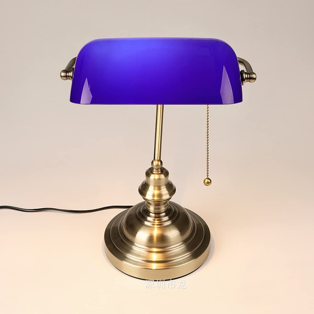 Lampa biurkowa V-intage/lampa stołowa/nocna lampa bankierska z niebieskim/białym/pomarańczowym szklanym kloszem, brązową podstawą i wyłącznikiem pociągowym, lampa biurkowa LED /130