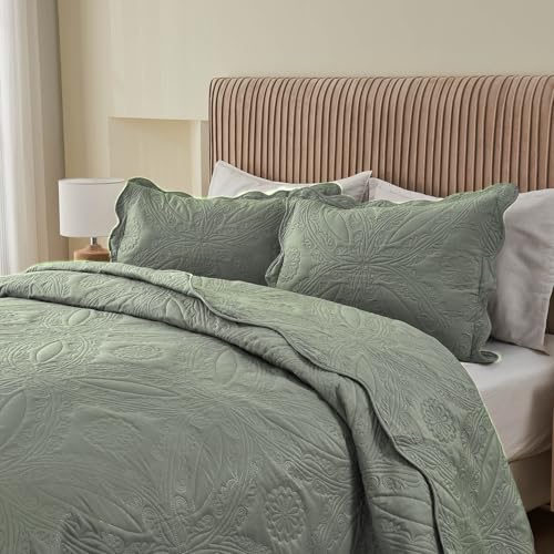 Image of Kingnex Oversized King Bedspreads 128x120 for Extra Wide Tall King or Cal King Bed Ultrasonic Quilted Coverlet Set 3 Piece Include 1 Quilt 2 Pillowcases Sage