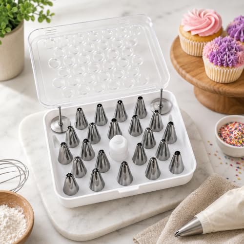 Image of PureBake 26 Pcs Cake Decorating Set, Nozzles for Frosting Icing Piping Bag, Used for Pastry, Cakes, Cookies & Muffin Decoration, Reusable Piping Bag, Flower Nail, Included