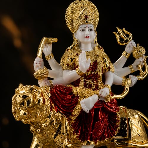 Image of Premium Maa Durga Statue on Lion - White, Gold & Red Ceramic Ambe Maa Idol - Luxury Hindu Goddess Figurine for Home Decor, Pooja Mandir, and Festive Gifting