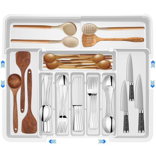 Veftsvy Bandeja Cuberteros para Cajon Cocina, Organizador Cubiertos Para Cajon Con 9 Compartimentos, Organizador Cocina para Cucharas y Tenedores, Para Almacenamiento de Cubiertos de Cocina, Blanco