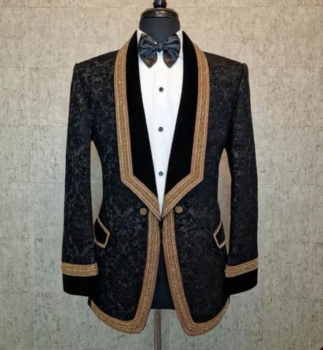 Men's Paisley Shawl Lapel Blazer, Single Breasted, One Button, Two Flap Pockets, Lace Applique Hem2