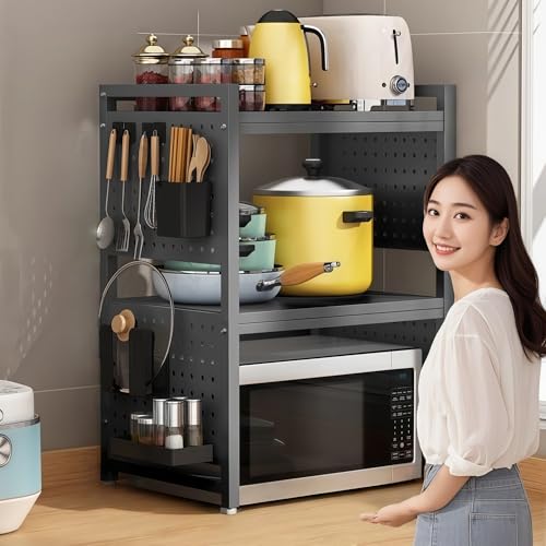 トースターラック 耐熱 炭素鋼 レンジ台 棚板高さ調節可 レンジ上ラック50cm/55cm 有孔ボード 収納付き 省スペース1段 2段 組み立て簡単 耐荷重30kg キッチン 冷蔵庫上 炊飯器 調味料 多機能収納棚 フックと箸置き付き(B,55cm)