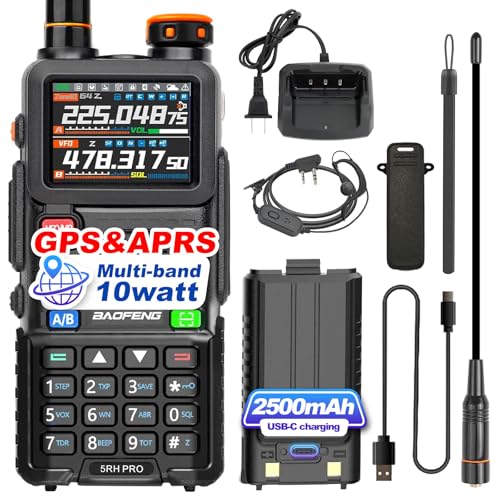 BAOFENG 5RH PRO GPS&APRS 10Watt Multi-Band Ham Radio Long Range Handheld Two Way Radio NOAA Weather Receiver Rechargeable Walkie Talkies with USB-C Charging 2500mAh Battery