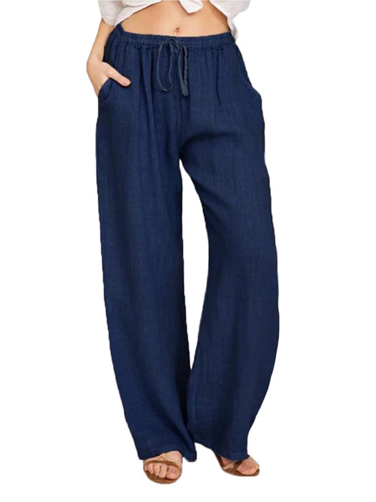 SHEKINI Linnen broek dames lichte zomerbroek katoen linnen stoffen broek met zakken losse comfortabele flowy wijde pijpen vrijetijdsbroek met trekkoord effen casual strandbroek, zwart, M