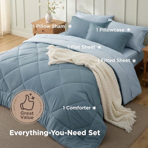 Image of Bedsure Twin Grayish Blue Comforter Set - 5 Pieces Reversible Bedding, Twin Size Bed Set for All Seasons, Bed in a Bag with Down Alternative Comforter, Sheets, Pillowcase & Sham