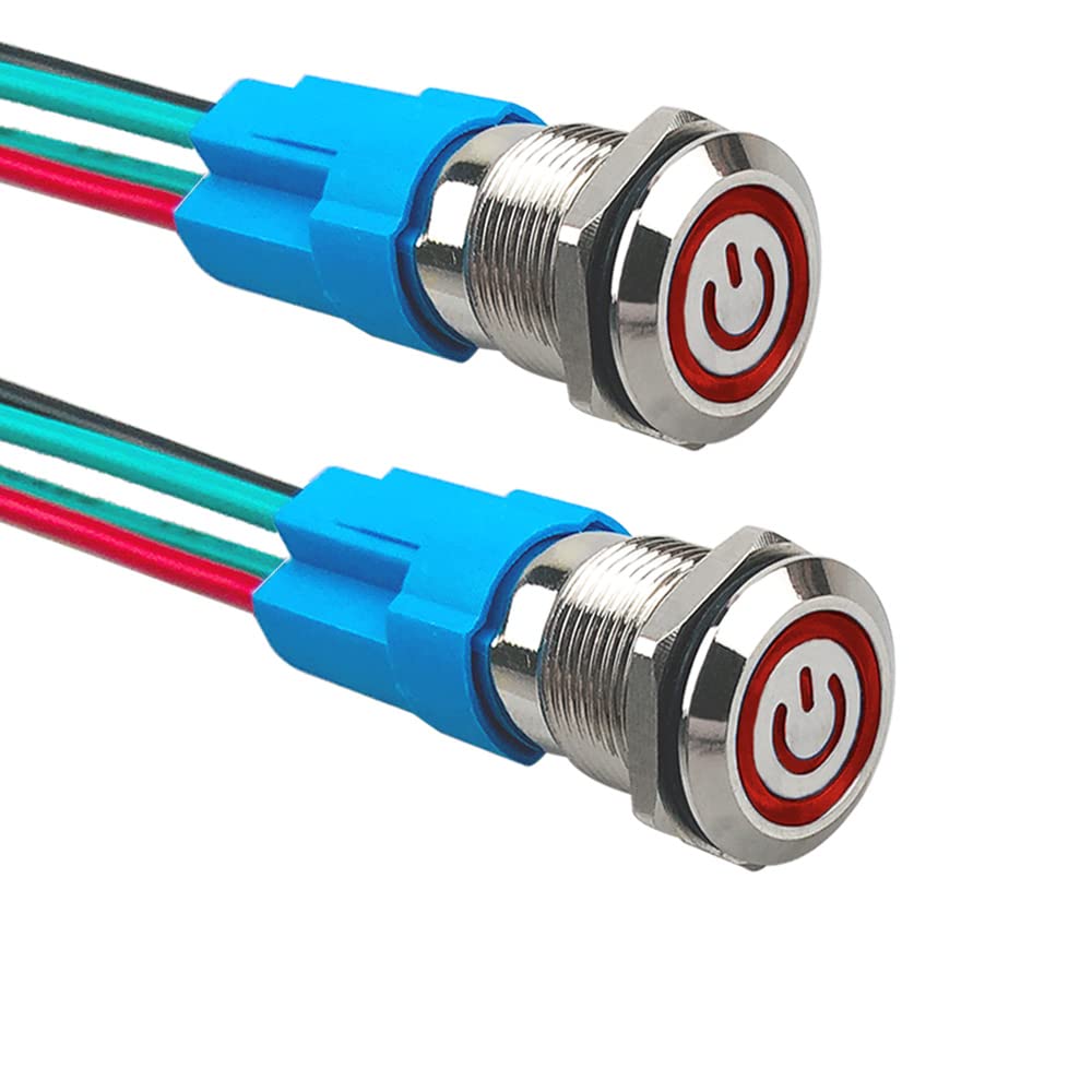 2 sztuki, 12 mm, samoblokujący się przełącznik przyciskowy, 12 V / 24 V 3 A, wodoodporny przełącznik przyciskowy ze stali nierdzewnej, IP66, z okablowanym gniazdem (czerwona dioda LED)