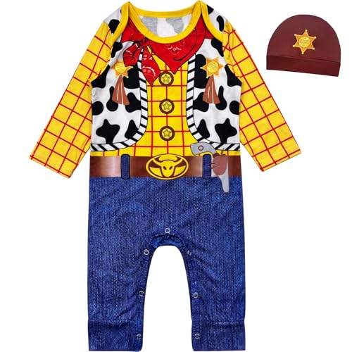 Xuomuen Cowboy Costume Romper with Brown sheriff Hat Baby Dress Up Outfit Yellow and Blue 3-6 Months