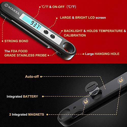 Meat Thermometer, Candy and Food Thermometer for Cooking, SOQOOL Digital Instant Read Meat Thermometer for Kitchen Oil Deep Fry Outdoor BBQ Grill, Folding Probe Backlight & Calibration Function