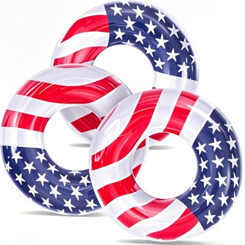 3 Pack Inflatable USA Flag Pool Floats for Kids Adults - 35.5 inch Swim Tubes Rings for Lake Pool Beach, Red White & Blue Pool Floaties Kid Teen Summer Pool Party America Flag Patriotic Toy