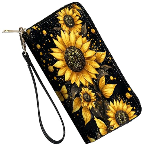 Image of RFID Blocking Leather Wallet for Women - Large Capacity Zip Around Clutch with 8 Card Slots,29 Cash Pockets & Coin Zipper,Sunflower