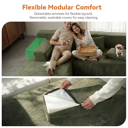 Image of MONVANE 106 inch Cloud Sectional Couch with L-Shaped Chaise, Modular Sectional Sofa with Deep Seat and Removable Armrests, Comfy Corduroy Boneless Couches for Living Room, No Assembly Required, Green