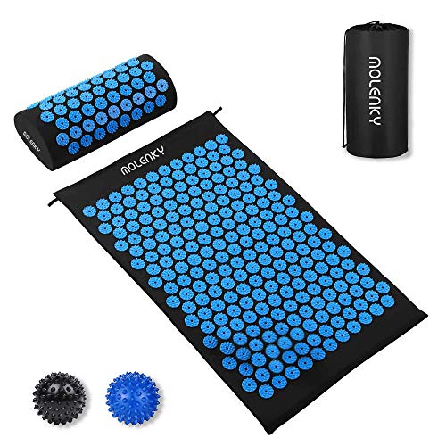 Molenky Esterilla Acupresion Kit, Estera de Acupresión + Cojín de Acupuntura + 2 Bolas de Masaje Para, Alivia el Dolor y la Presión Muscular, para Masaje de Espalda(Negro-Azul)