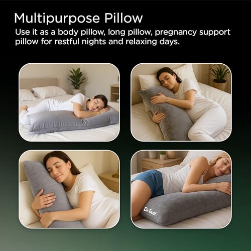 Image of Dr Trust USA 398 Yawnicorn Long Large Cuddle Pillow for Sleeping and Pregnancy, Microfibre Body Side Pillow for Hugging, Relaxing, Washable with Premium Velvet Cover-53x16 Inches (Grey)
