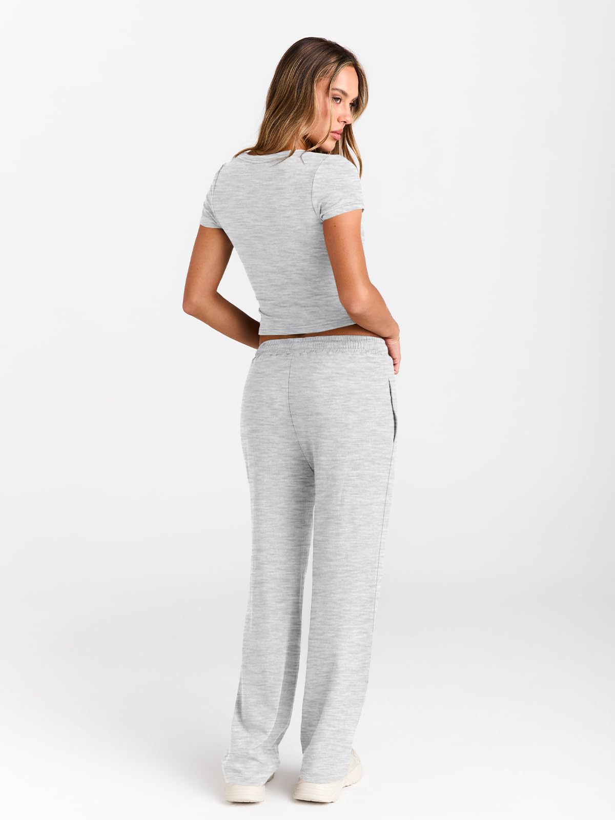 Trendy Queen 2 Piece Matching Summer Sweatsuit Lounge Set Womens Wide Leg Pants Side Ruching Crop Top Sets