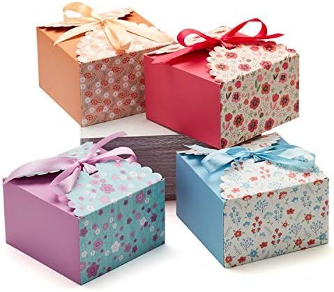 Hayley Cherie - Square Floral Gift Treat Boxes with Ribbons (20 Pack) - 5.8 x 5.8 x 3.7 inches - Thick 400gsm Card - For Cookies, Candy, Parties, Christmas, Birthdays, Weddings