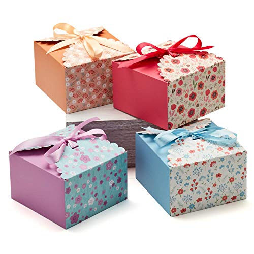 Hayley Cherie - Floral Gift Treat Boxes with Ribbons (20 Pack) - Thick 400gsm Card - 5.8 x 5.8 x 3.7 Inches - Use for Cakes, Cookies, Goodies, Candy, Party Christmas, Birthdays, Weddings (Standard)