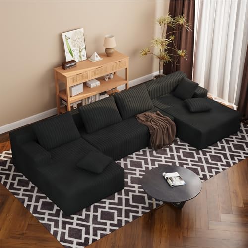 Image of LAUSAINT HOME 132 inch Modular Sectional Sofa Couches, U-Shaped Boneless Cloud Sofa with 4 Deep Seat, 6 Cushiones Oversized Chaise for Living Room, Bedroom, Plush Corduroy Fabric (U Shaped Sofa, Black)