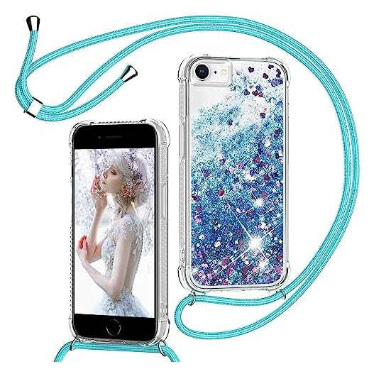 TUUTPU Handyband für iPhone 8/SE 2020/2022/7/6 Hülle mit Band, Glitzer Treibsand Handyhülle mit Kordel zum Umhängen Transparent Stoßfest Schutzhülle mit Kette Schnur, Quicksand Necklace Case in Blau