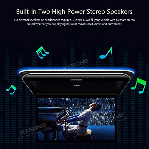 XTRONS 19.5 Inch Car Overhead Player 16:9 Wide Screen 1080P Video Car Roof Mount Monitor Ultra-Thin Flip Down Car Monitor Support HDMI USB Stereo Speakers, with 2PCS Black IR Headphones