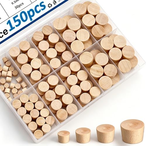 smseace 150Pcs 4-Sizes Wood Plugs 3/16 5/163/81/2 Wooden Hole Plugs for Holes in Furniture/Table and Chair Legs/Cabinet Reserved Holes/Outdoor Equipment Wood Plugs Assortment Kit