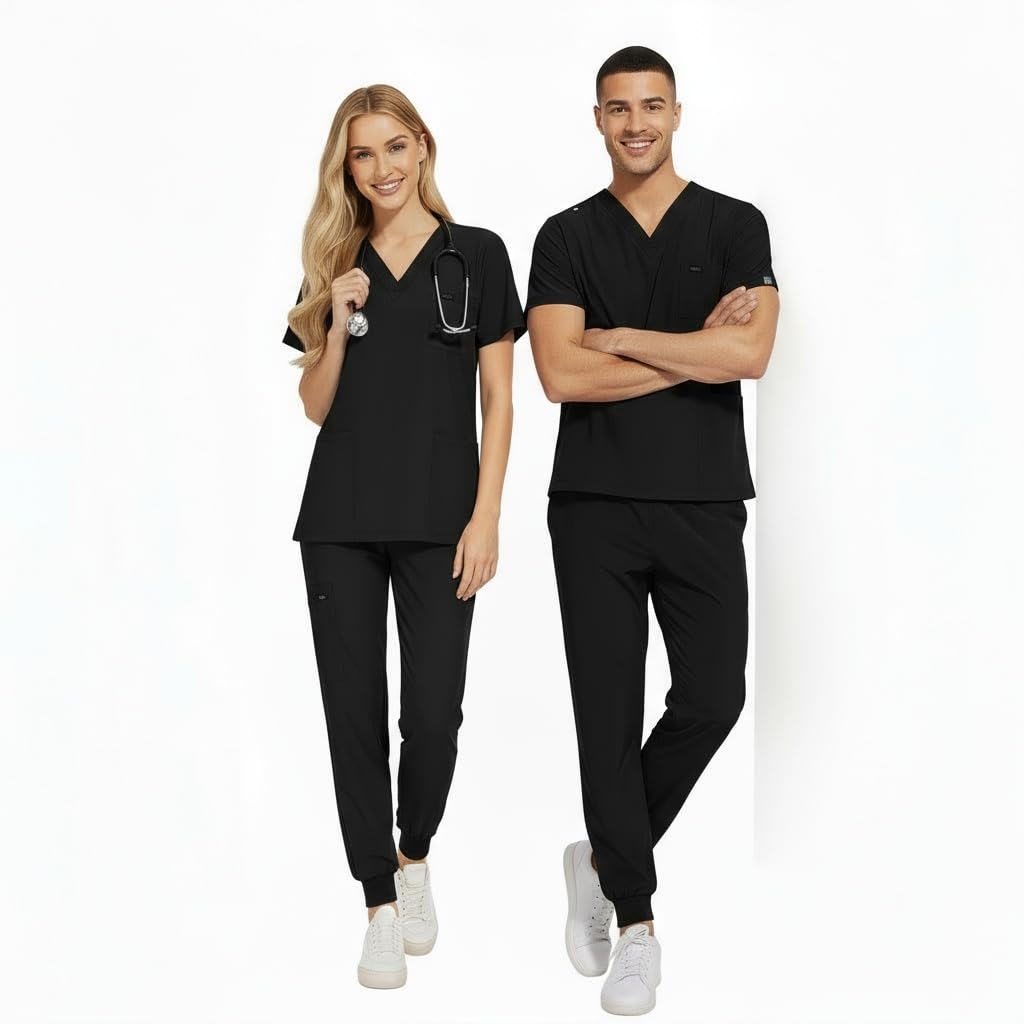 CK13 - Conjunto médico de manga corta con cuello en V y 3 bolsillos, pantalones elásticos que absorben la humedad, uniforme médico