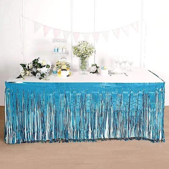 MARKQ Foil Fringe Table Skirt | 4.73 x 0.76 Meter Metallic Disposable Tablecloth Streamers Party Backdrop | Blue Foil Curtain for Bridal Shower, Graduation, Wedding, Birthday Party Decorations (Blue)