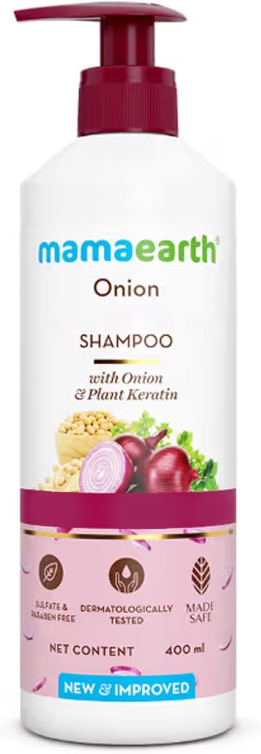 Mamaearth Onion Shampoo with Onion & Plant Keratin for Hair Fall Control & Strengthening – Cleanses, Reduces Breakage, Smoothens & Nourishes Hair | Sulphate & Paraben Free, All Hair Types, 400ml