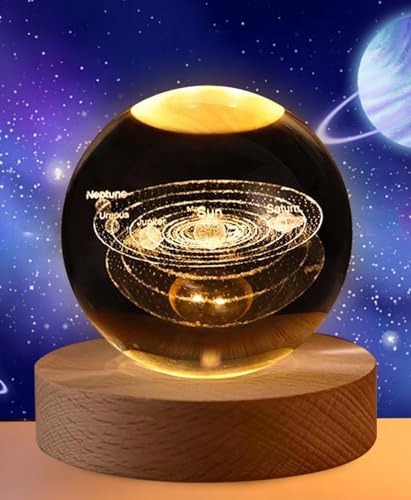 RUISTLI Lampara de Luna-Galaxia-Saturno-Sistema solar,Luna 3d Esfera Luna Crystal Glass Ball,Adecuado Como Luz de Noche y Lampara de Mesa de...