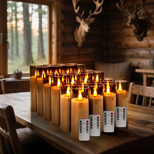 Image of 24 Pack LED Gray Flameless Candles with Remote, 3D Flickering Battery Operated Candles in Glass Holders, Safe for Weddings, Parties, Home and Outdoor Decor.