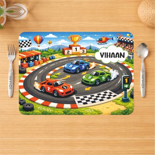 Image of Customized Table Mat with Name & Design Engraving | Personalized Dining Mat with Spoon & Fork | Customized Birthday Gift for Kids (Car)
