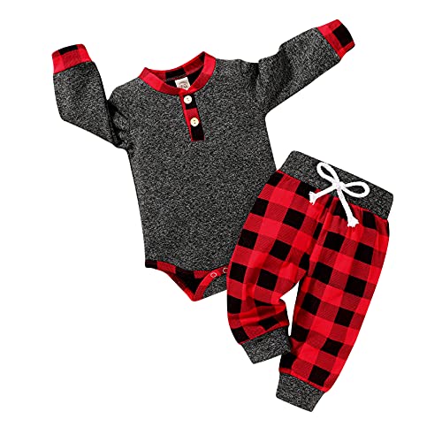 Image of I'm so thankful Newborn Baby Boy Fall Clothes Infant Plaid Long Sleeve Button Romper and Pants Set Winter Outfits