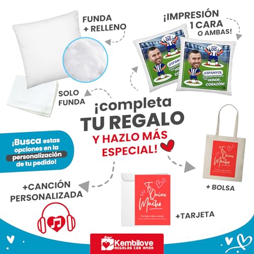 Kembilove Cojín Personalizado Espanyol con Caricatura | Almohada con Foto Nombre y Número | Regalo para Aficionados Pericos | Decoración Ideal para Fans del RCD Espanyol