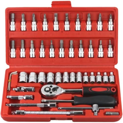 Jogo de Soquete Kit com 46 peças Ferramentas Chave Catraca Conjunto de Soquetes Métricos Sextavadas Chave Allen Torx e Barra de Extensão Reparos Automotivos e Domésticos Maleta Compacta Premium