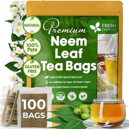 FreshDrinkUS, Premium 100 Neem Leaf Tea Bags, 100% Natural and Pure from Neem Leaves. Herbal Tea. No Sugar, No Caffeine, No Gluten, Vegan.