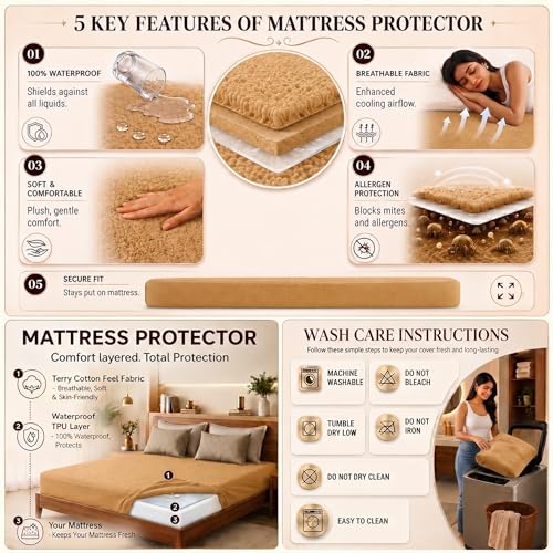Image of Lithara Terry Cotton Fitted Mattress Protector for King Size Bed | Waterproof & Elastic Band | Ultra Soft & Hypoallergenic Mattress Cover | Size : 72 x 72 Inches (6 x 6 Feet) | (Light Beige)
