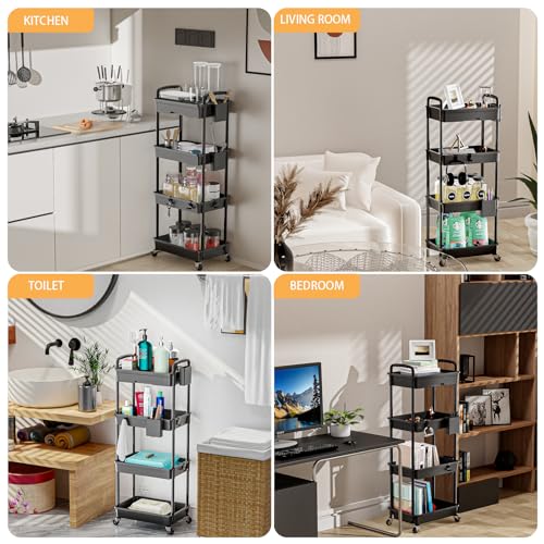 Image of 4 Tier Rolling Utility Cart with Drawer,REBECAT Utility Cart Made of Multifunctional Storage Organizer Tool for Kitchen,Bathroom,Living Room,Office(Black)
