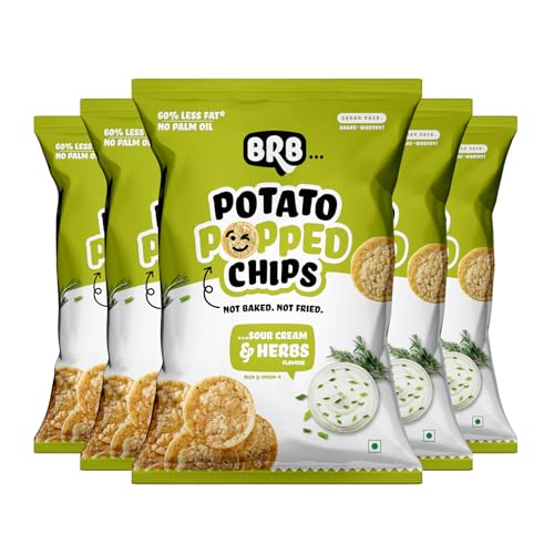 Image of BRB Potato Popped Chips | Sour Cream and Herbs Flavour | Not Fried. Not Baked | 60% Less Oil, Lower Calorie, No Palm Oil, Healthy Snack | 5 x (48g /51g) Combo Pack (weight may vary)