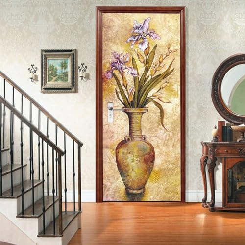 Arte De La Puerta 3D Planta Florero Flores 90 X 200 Cm Pegatinas De Puerta Extraíbles, Murales De Puerta Impermeables Autoadhesivos De Pvc, Niños, Dormitorio, Baño, Cocina, Puertas Int-45488453445456