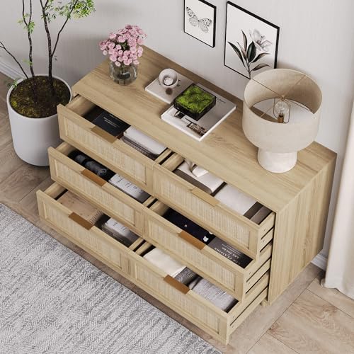 Angel Sar Rattan Dresser for Bedroom, 6 Drawer Wide Dresser, Boho&Farmhouse Chest of Drawers, 47" Clothes Storage Cabinet, Metal Handle&Wood Legs for Hallway, Living Room, Bedroom, Wood - Image 6