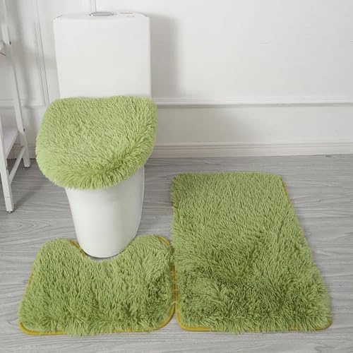 Generico Set di Tappeti da Bagno 3 Pezzi in Microfibra Morbida – Antiscivolo, Assorbente, Lavabile in Lavatrice, Tappetino Shaggy, Contorno WC e Copriasse (verde intenso)