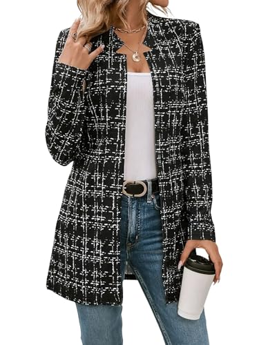 ebossy Women's Casual Slim Notched Plaid Tweed Blazer Elegant Open Front Long Sleeve Thigh Length Jacket Dress Coat
