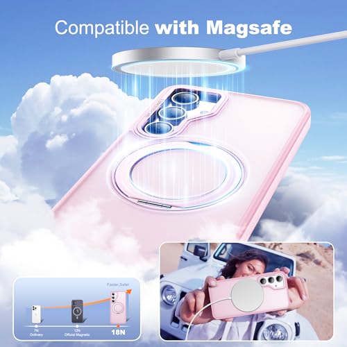 Image of for Samsung Galaxy S23 FE Case with 360 Rotatable Magnetic Ring Stand Compatible with Mag-Safe Military Protection Shockproof Matte Translucent Phone Cases for S23 FE,Pink