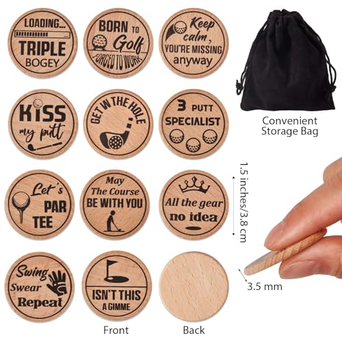 Namalu 12 Pcs Funny Golf Ball Markers Wooden Engraved Golf Markers for The Putting Green Wood Tags Valentine's Day Novelty Gift for a Bad Putter Joke Accessories for Men on Father's Day (Classic)