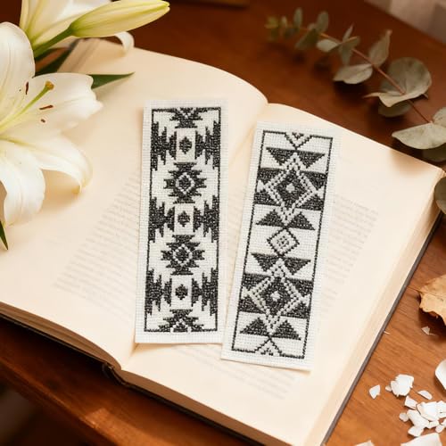 Image of INFUNLY 6pcs Aztec Print Cross Stitch Bookmark Kit for Beginners DIY Vintage Geometry Embroidery Bookmark Kits Black White Needlepoint Kit with Instruction Easy Cross Stitch Set for Book Lovers Reader