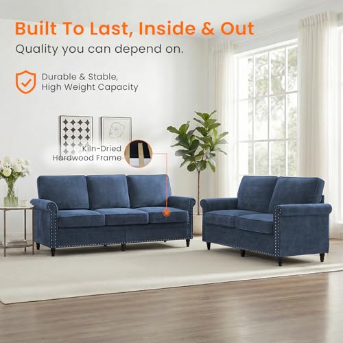 Image of ijuicy 2 PCS Sofa and Loveseat Set, Chenille Living Room Couches, Navy Blue | Modern Upholstered Sofa and Loveseat Living Room Furniture Sets with 6 inch Thicken Cushio, Nailhead Trim